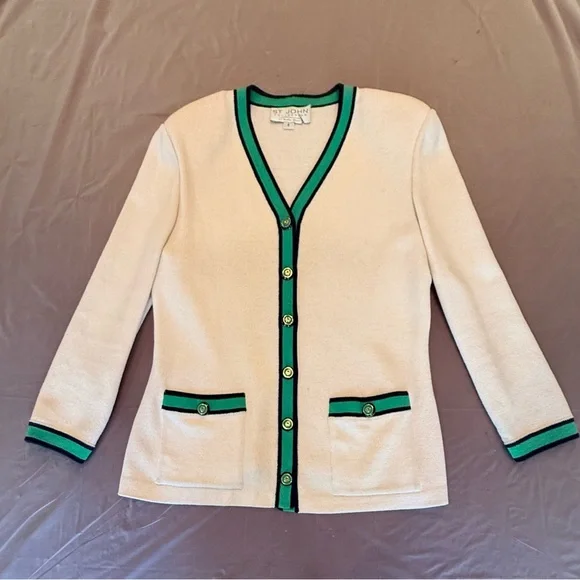 St John Vintage Cream/Navy/Green/Golf Button Sweater/Jacket Size 6/S MSRP $1295 - Picture 2 of 12